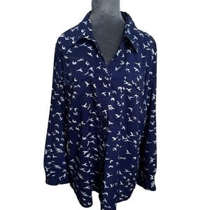 Vtg‎ Notations Blouse 2X 20/22 Roll Tab Sleeves Birds Swallows Novelty Classic